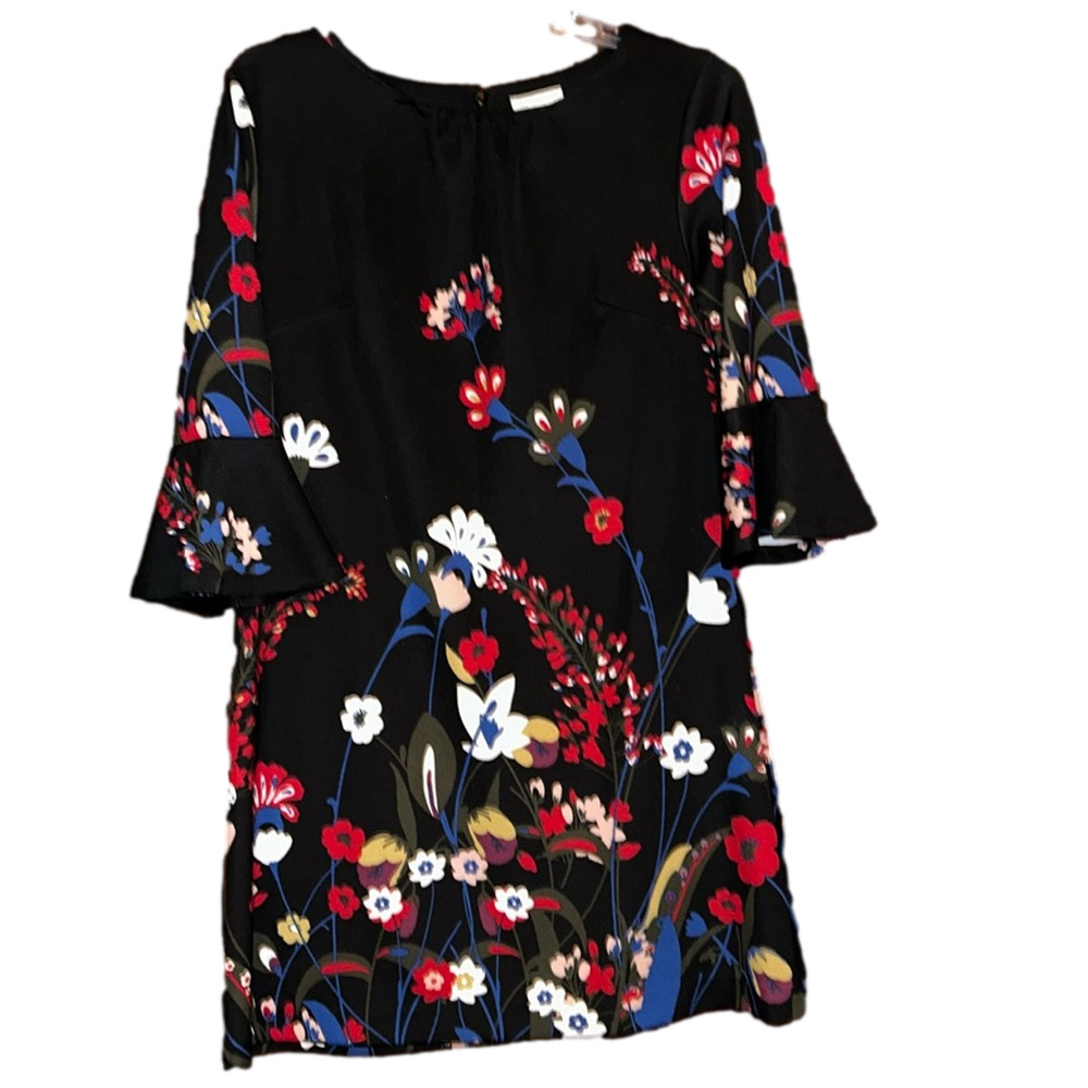 NY&Co black floral dress with bell sleeves